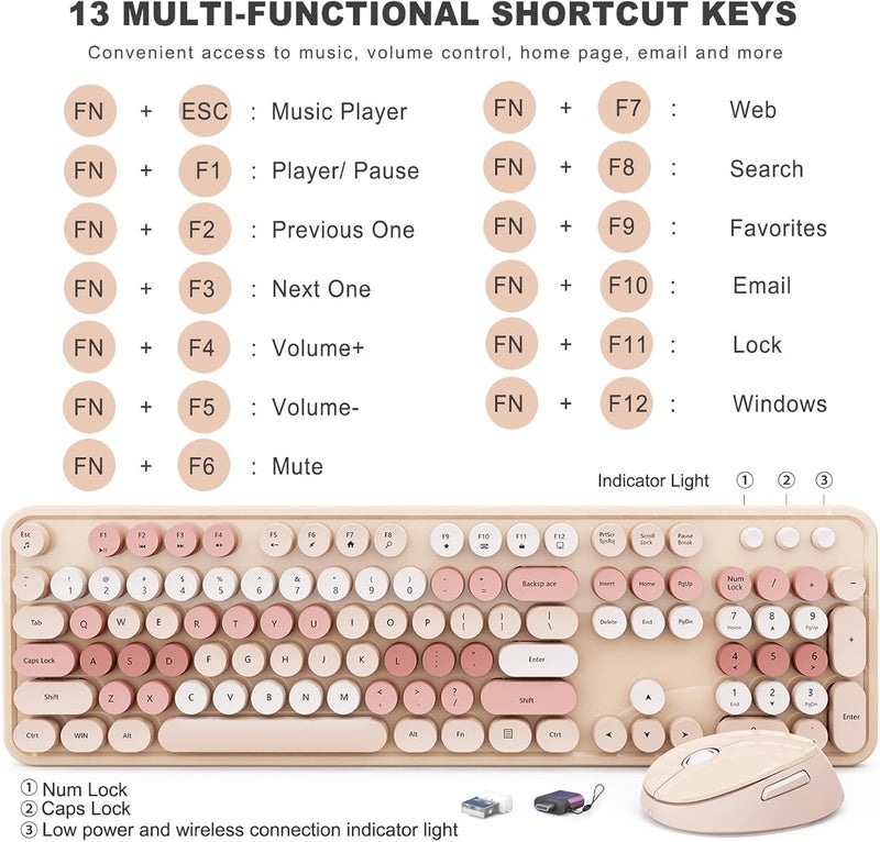 SkyGive Wireless Keyboard and Mouse Combo, Ergonomic Full Size Typewriter Retro Round Keycaps Keyboard, Compatible with Windows, PC, Perfer for Home and Office Keyboards (Chocolate Color) - Image 4